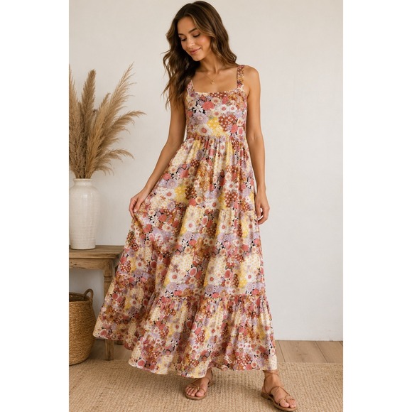 SO Dresses & Skirts - SO Goods For Life Floral Paisley Tiered Maxi Dress Size L Boho Cottagecore